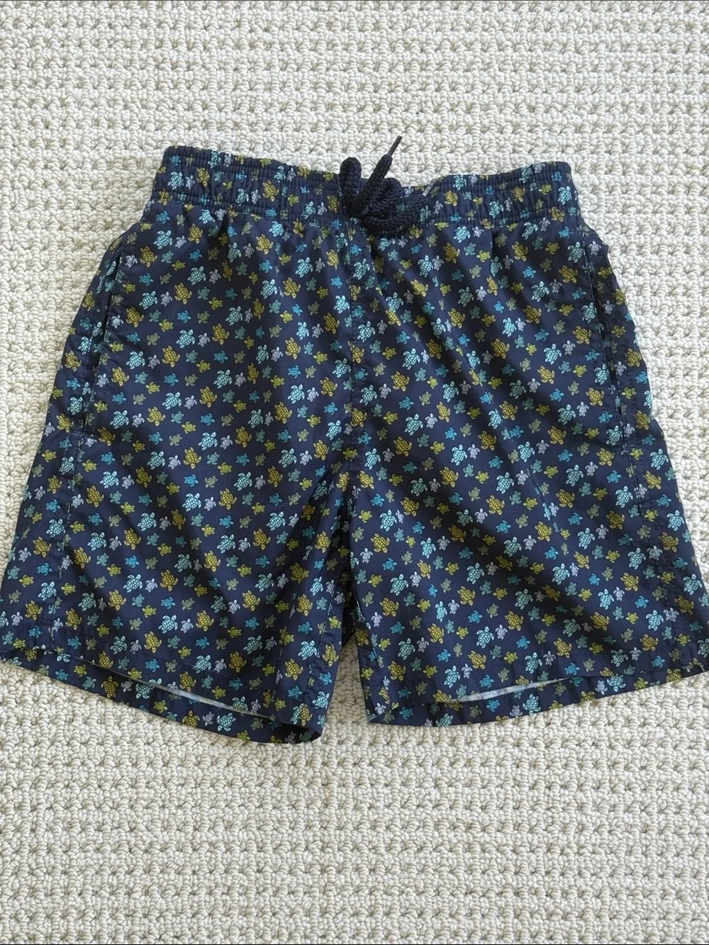 Vilebrequin Navy Swim Trunks with Blue and Green Turtle Print